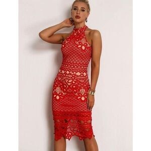 All Red Lace Bodycon Midi Dress
